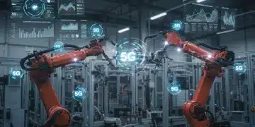 Robôs industriais conectados por rede 5G em uma fábrica moderna, simbolizando a otimização de operações e redução de custos.