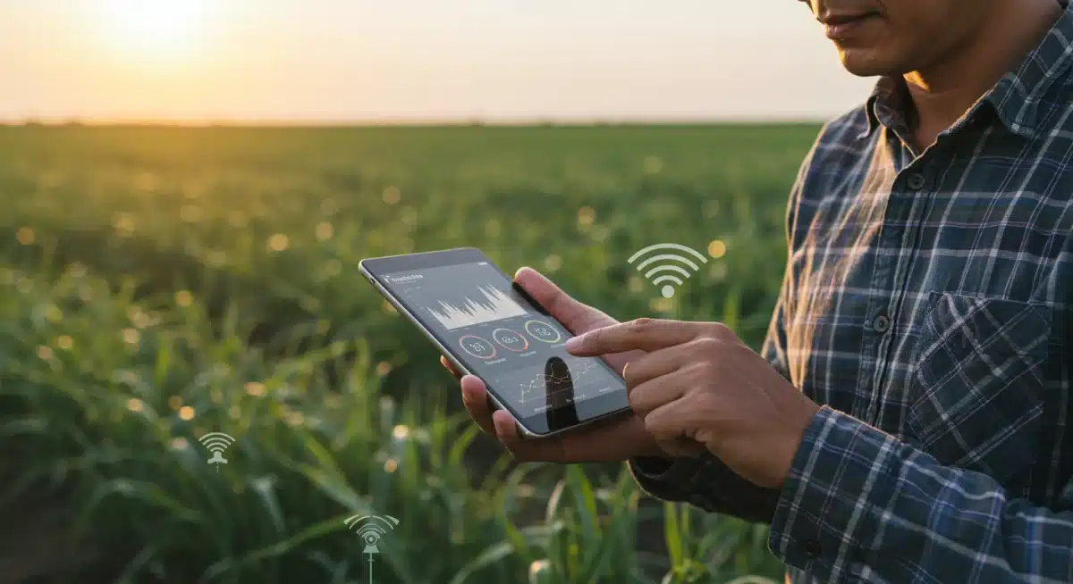 Agricultor brasileiro analisando dados de sensores em tablet