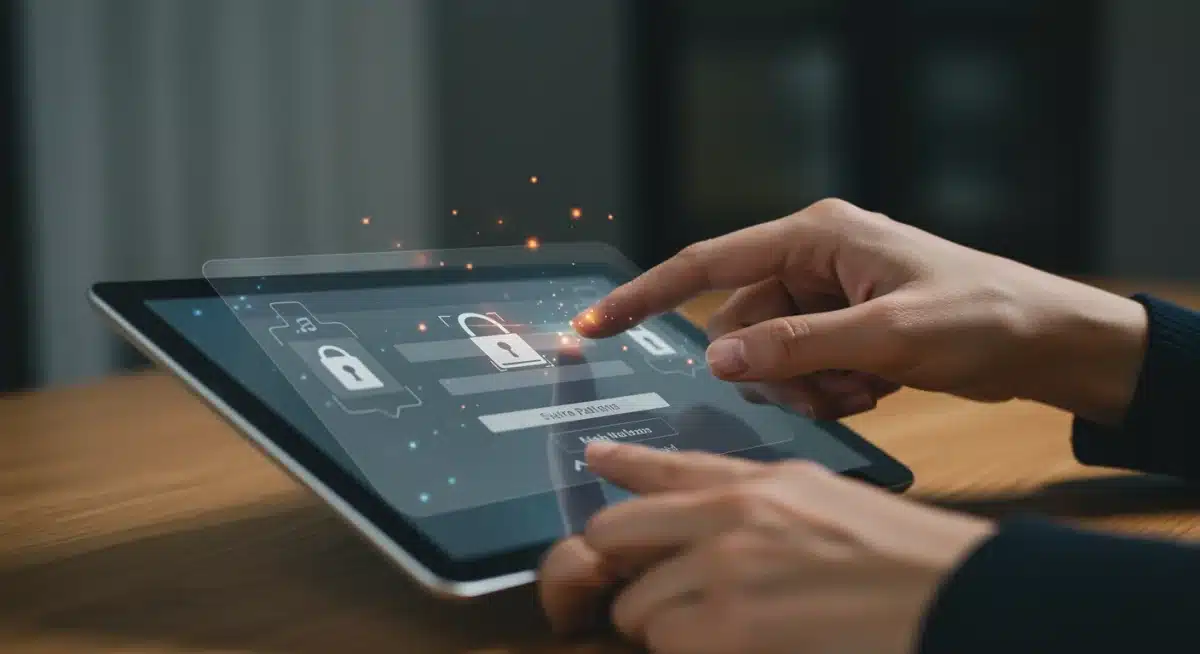 Pessoa usando tablet, com análise de padrões de toque e movimento de dedos em tempo real.