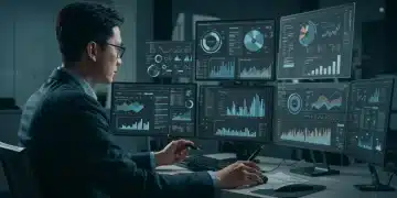 Profissional de marketing analisando gráficos e dados em múltiplas telas no escritório.