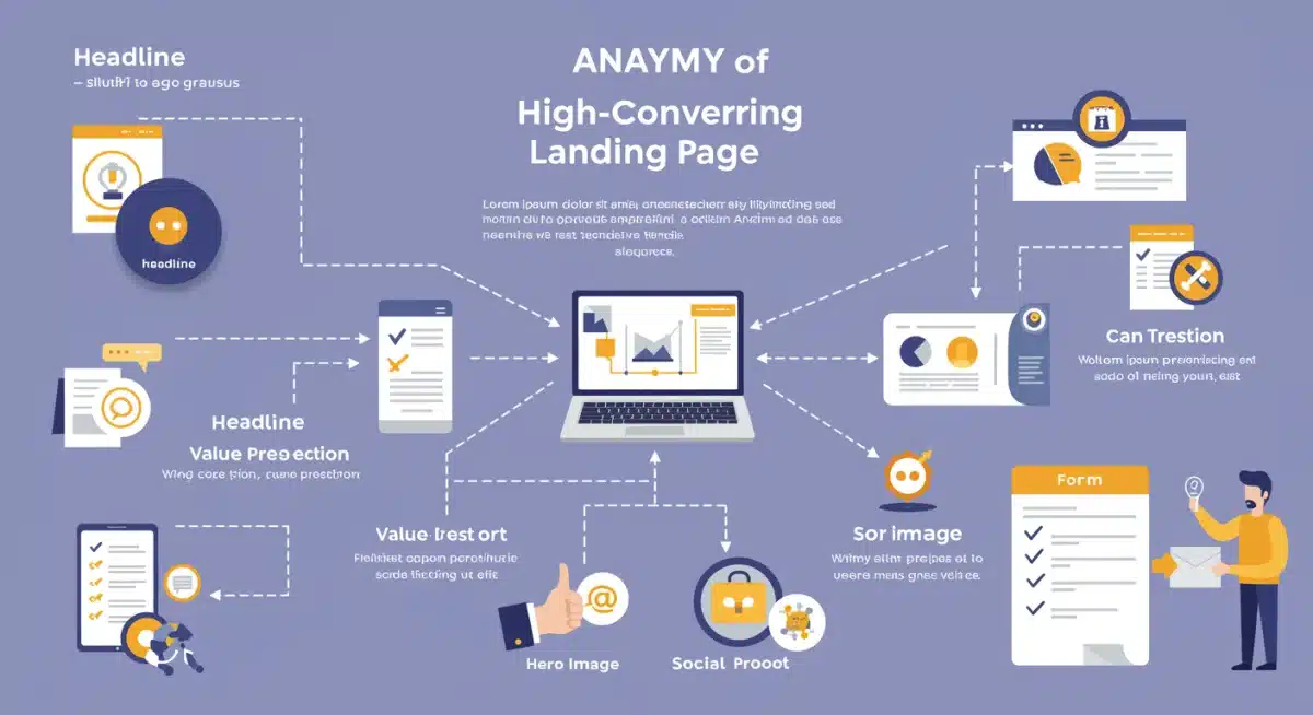 Infográfico detalhado da anatomia de uma landing page de alta conversão com todos os elementos essenciais.