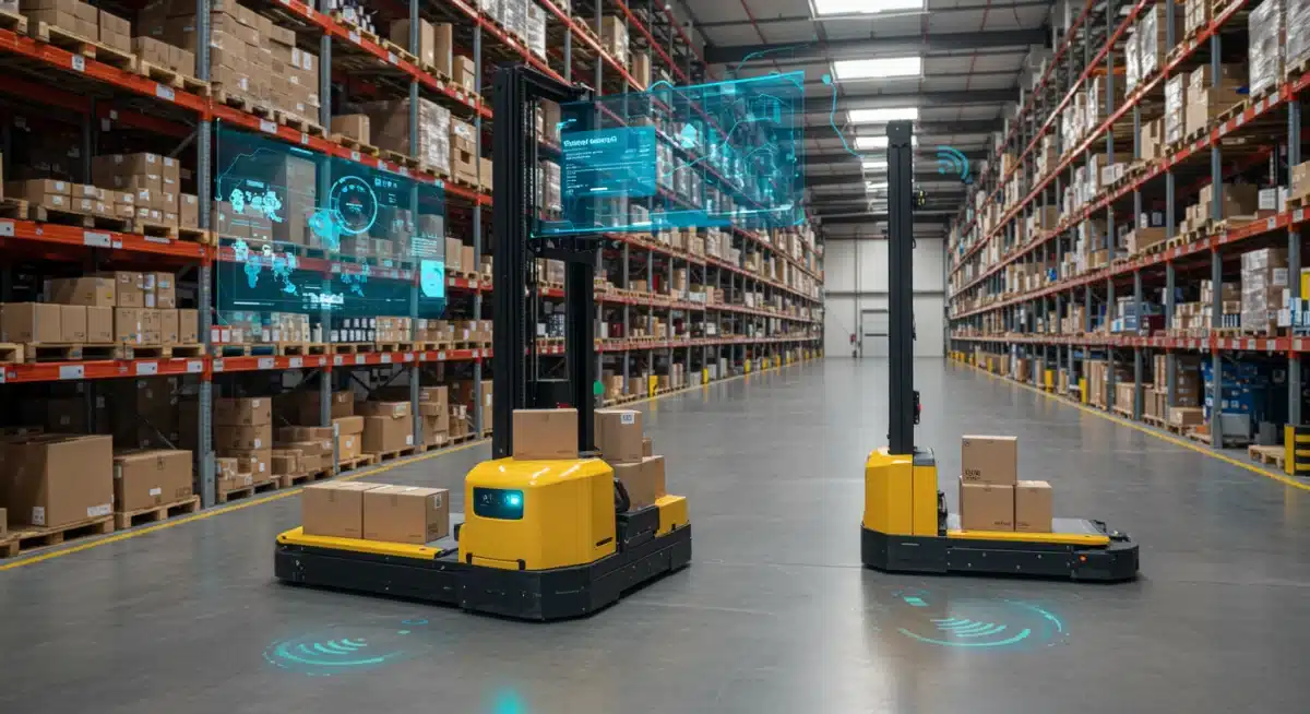 Armazém inteligente com veículos autônomos (AGVs) operando, demonstrando a eficiência logística impulsionada pelo 5G.