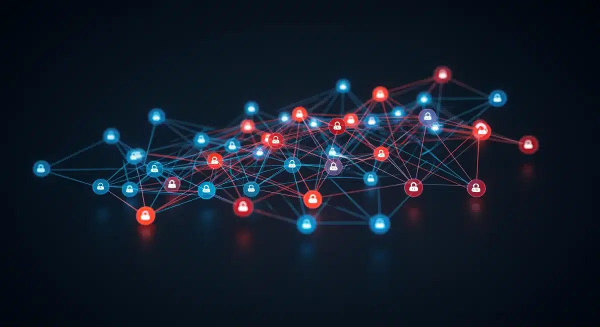 Diagrama de arquitetura de confiança zero com múltiplos nós interconectados e verificação rigorosa de acesso.