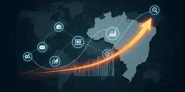 Gráfico moderno representando a automação de marketing digital para pequenas empresas brasileiras em 2025, com ícones de ferramentas digitais e setas indicando crescimento de vendas.