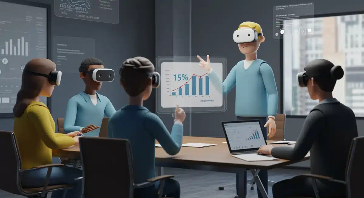 Avatares em reunião virtual no metaverso discutindo estratégias de negócios e crescimento de engajamento.