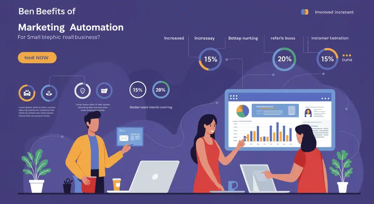 Infográfico detalhado com os benefícios da automação de marketing, mostrando eficiência, nutrição de leads, retenção de clientes e aumento de vendas para pequenas empresas.