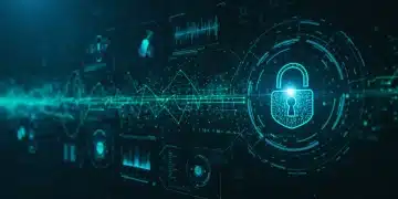 Interface digital futurista com dados de biometria comportamental e ícone de cadeado seguro.