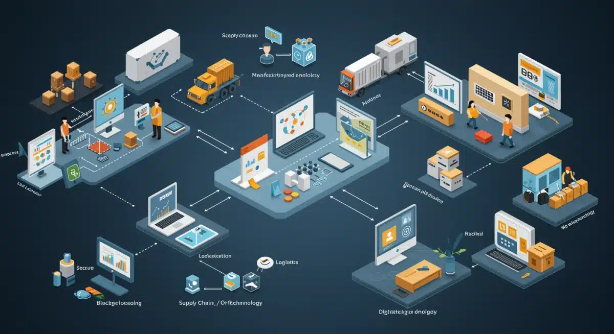 Diagrama detalhado de uma cadeia de suprimentos otimizada por blockchain, mostrando o fluxo de dados seguro e transparente entre fabricação, logística e varejo.