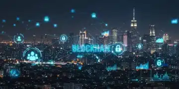 Rede digital futurista simbolizando a tecnologia blockchain com nós interconectados e linhas brilhantes sobre uma paisagem urbana ao entardecer, representando inovação empresarial.