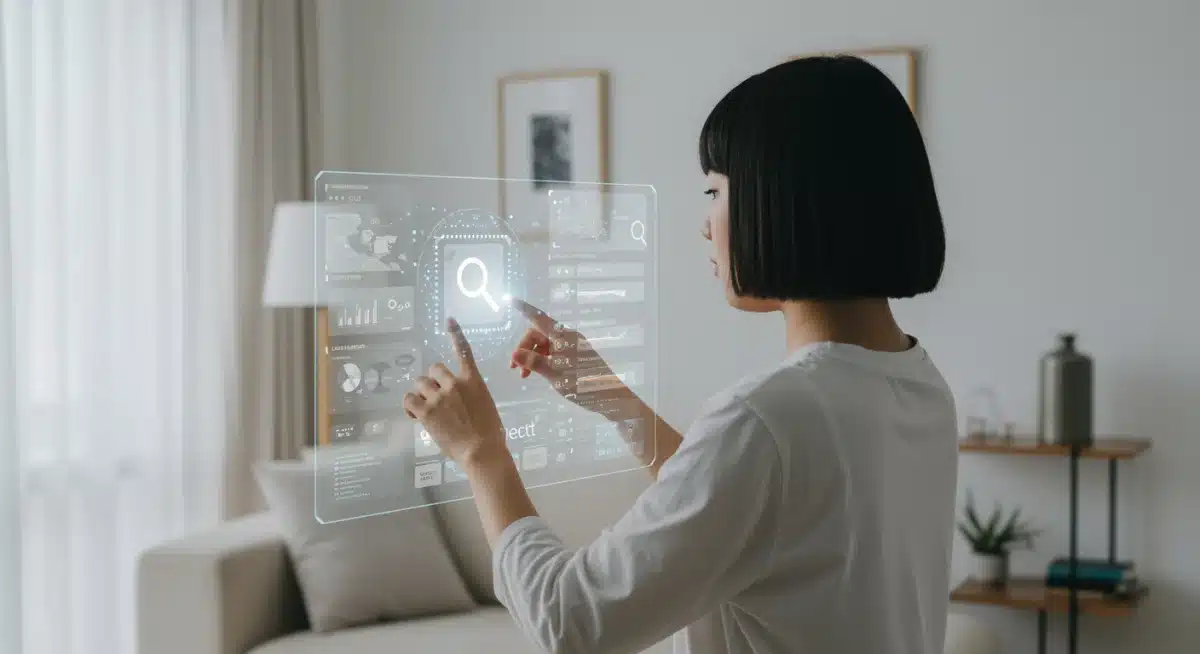 Pessoa interagindo com interface de busca impulsionada por IA em tela holográfica, simbolizando a personalização da busca.