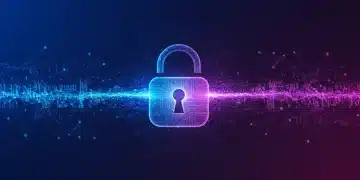 Cadeado digital futurista representando privacidade de dados e adequação à LGPD em 2025 com novas ferramentas tecnológicas.