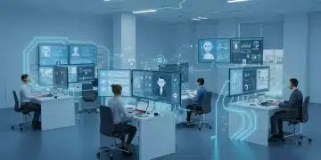 Interface futurista de chatbot em atendimento ao cliente, com agentes humanos monitorando interações e telas exibindo dados analíticos.