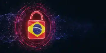 Cadeado digital com bandeira do Brasil, simbolizando cibersegurança para empresas brasileiras em 2025.