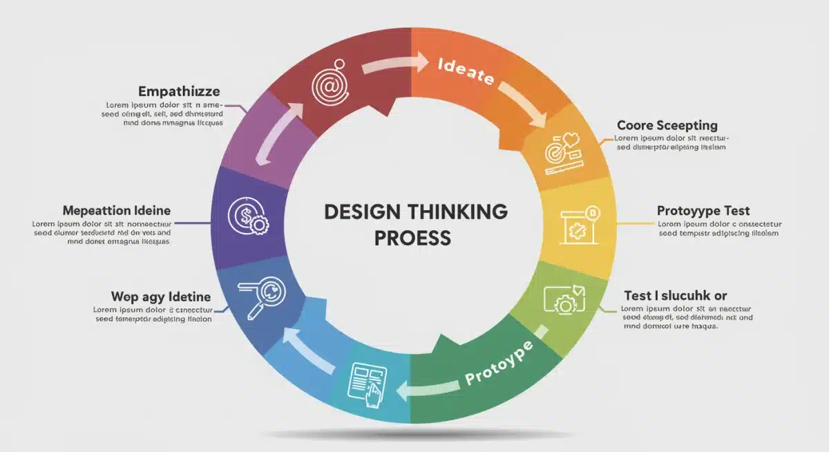 Ciclo do processo de Design Thinking com suas fases principais: Empatia, Definição, Ideação, Prototipagem e Teste.