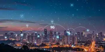 Paisagem urbana futurista iluminada por redes 5G ultra-rápidas no Brasil, simbolizando inovação e conectividade em 2025.