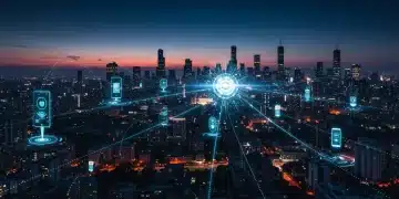 Cidade futurista com dados fluindo, simbolizando Edge Computing e otimização em 2025.