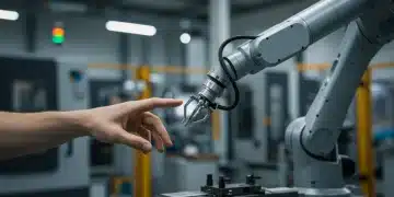 Braço de robô colaborativo (cobot) interage suavemente com uma mão humana em ambiente industrial moderno, simbolizando a colaboração segura e eficiente.