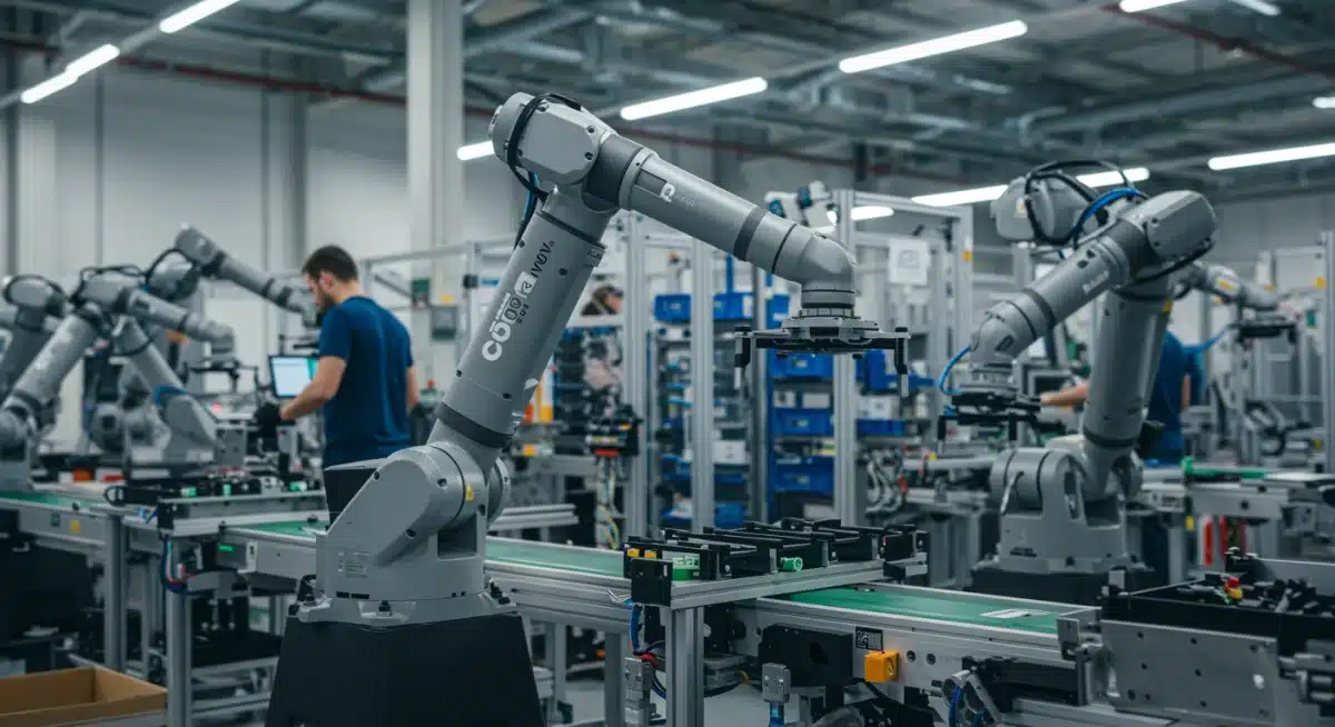 Vários cobots operando em linha de montagem com operadores humanos, destacando a eficiência e segurança na colaboração industrial.