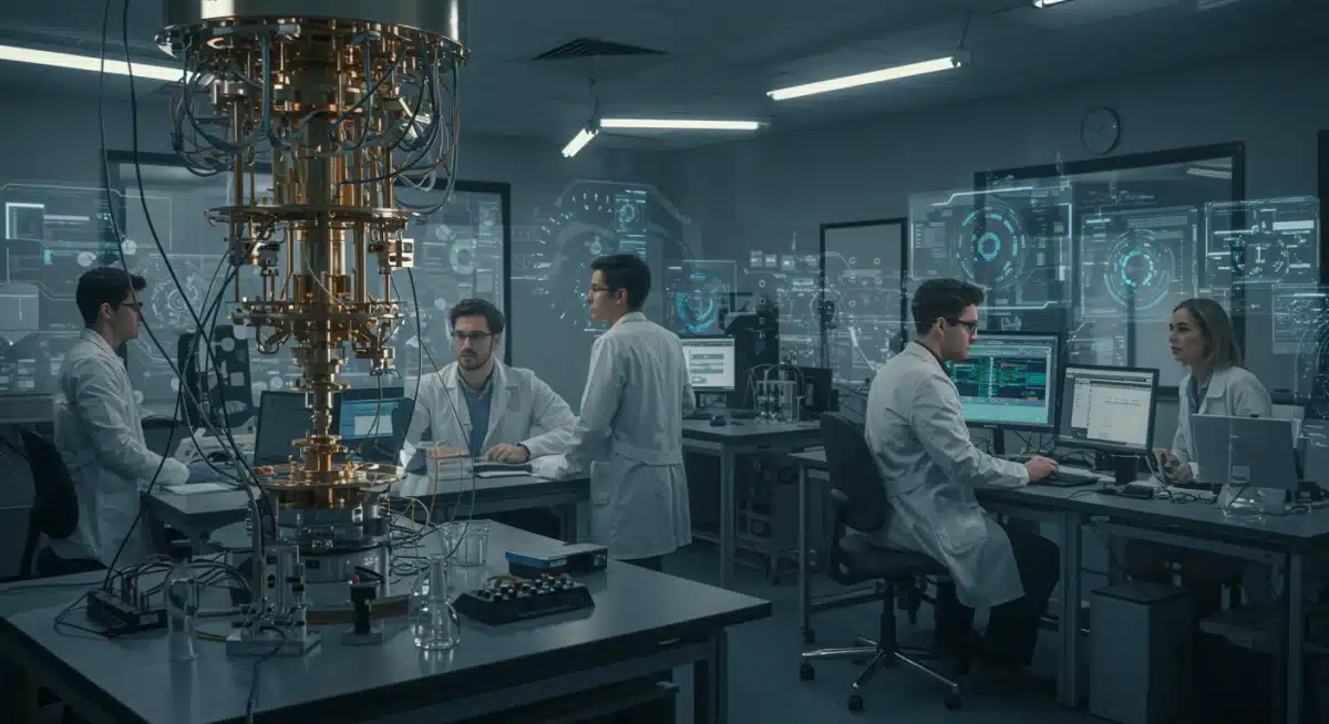 Cientistas brasileiros e internacionais colaborando em laboratório de computação quântica avançada.