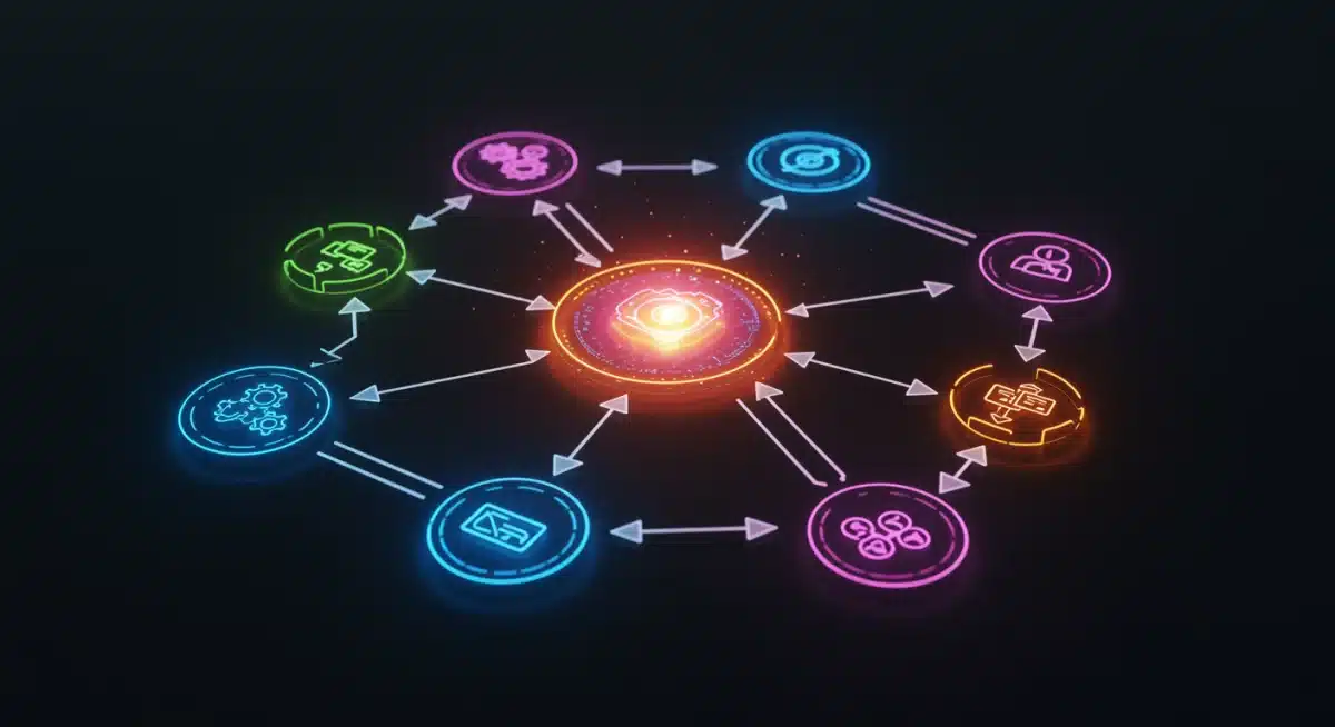 Diagrama de rede complexo com equipes de desenvolvimento colaborando em uma plataforma centralizada, simbolizando fluxos de trabalho otimizados e recursos compartilhados na engenharia de plataformas.