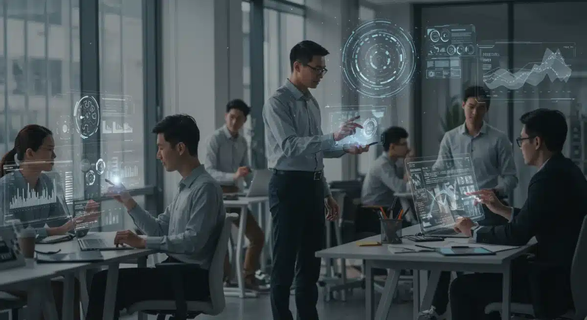 Equipe de profissionais colaborando em um escritório moderno, utilizando tecnologia avançada e interagindo com sistemas de IA, simbolizando a sinergia entre humanos e máquinas.