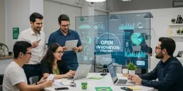 Profissionais de diferentes empresas colaborando em um projeto de inovação aberta no Brasil
