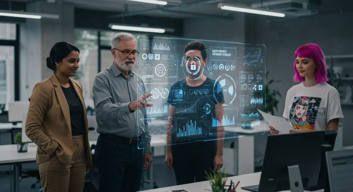 Profissionais colaborando em interface holográfica sobre compliance e estratégias de LGPD com novas ferramentas tecnológicas.
