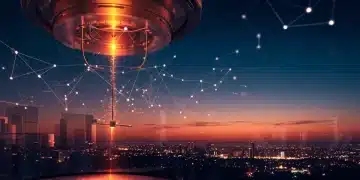 Representação futurista de computação quântica com elementos de inovação brasileira.