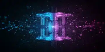 Um computador quântico com luzes brilhantes e representações abstratas de qubits, simbolizando a complexidade e o poder da computação quântica.