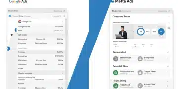 Google Ads vs. Meta Ads 2025: Onde investir para 150% de ROI? Configuração de campanhas no Google Ads e Meta Ads, demonstrando as diferenças nas interfaces de segmentação de público.