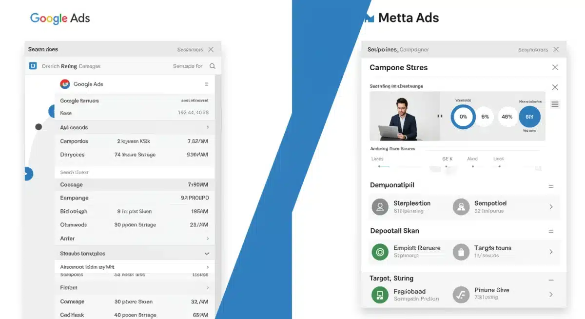 Configuração de campanhas no Google Ads e Meta Ads, demonstrando as diferenças nas interfaces de segmentação de público.