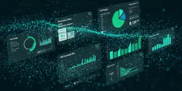 Dashboard digital com métricas de A/B testing, gráficos de conversão e aumento de ROI para campanhas de marketing.