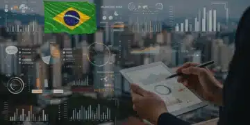 Dashboard digital com gráficos de análise de concorrência, bandeira do Brasil e um profissional de marketing analisando dados para o mercado brasileiro.