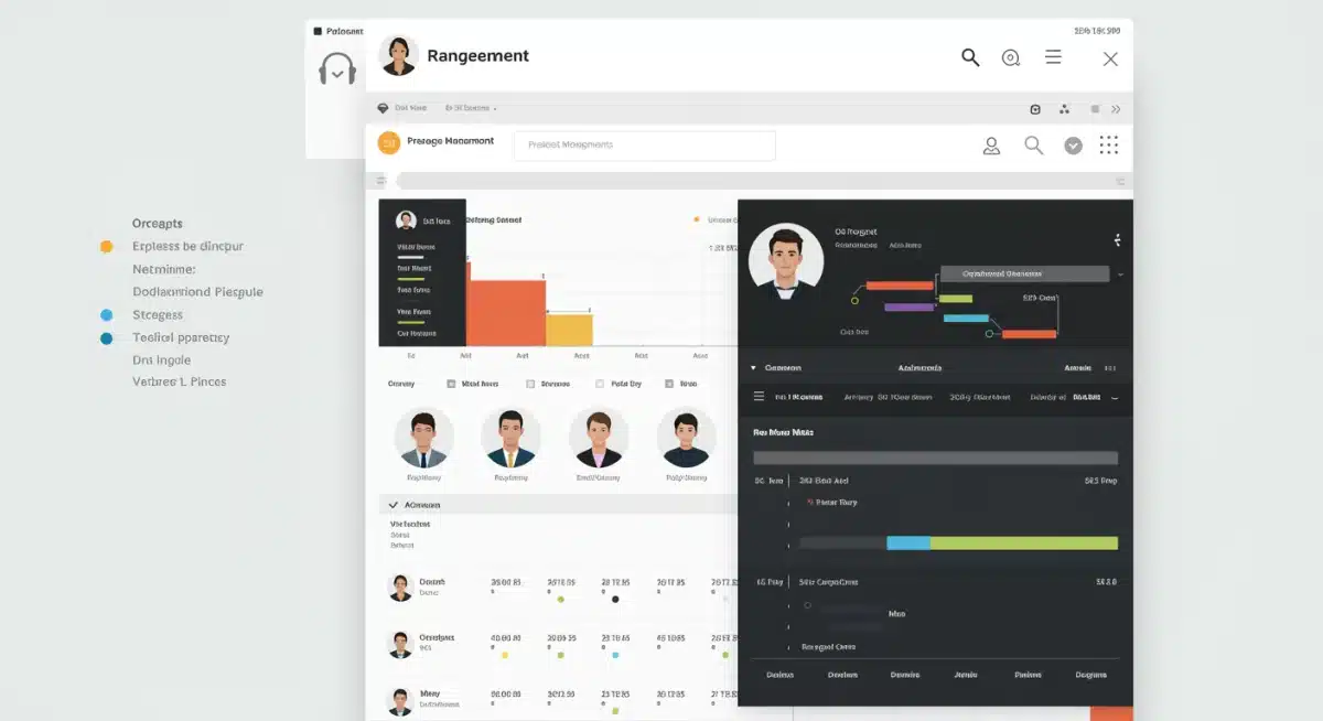 Interface de uma ferramenta de gestão de projetos exibindo tarefas, prazos e progresso da equipe, destacando a organização e automação.