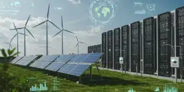 Data center futurista com painéis solares e turbinas eólicas, simbolizando tecnologias sustentáveis no setor de TI.