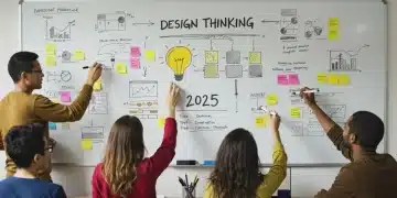 Equipe colaborando em um workshop de Design Thinking para produtos inovadores em 2025.