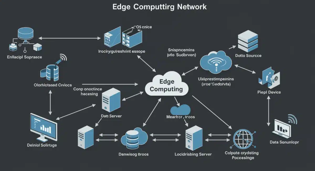 Diagrama detalhado da arquitetura de rede Edge Computing, mostrando dispositivos IoT, servidores de borda e conexão com a nuvem.