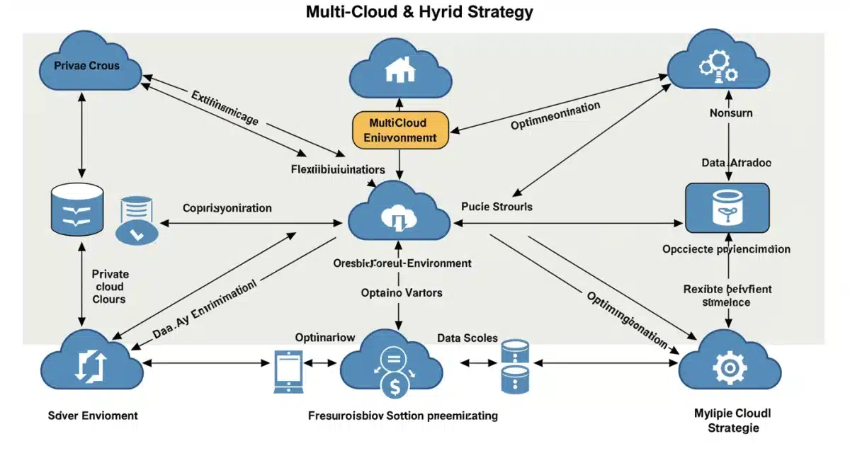 Diagrama de arquitetura de nuvem híbrida e multicloud mostrando a interconexão de ambientes.