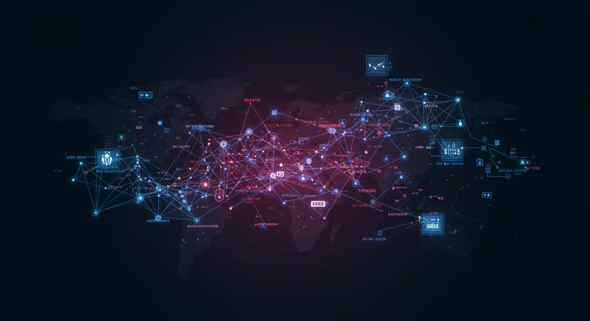 Diagrama de rede complexo mostrando anomalias e caminhos de ameaças, com IA analisando dados para detecção preditiva.