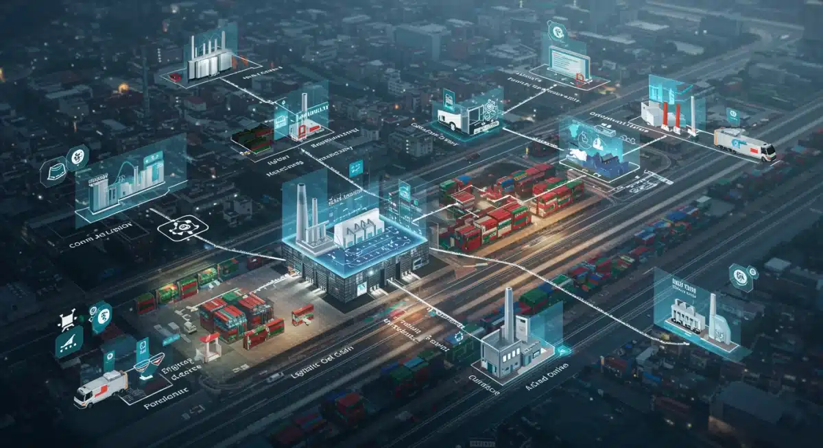 Digital twin de uma cadeia de suprimentos otimizando logística e fluxo de materiais.