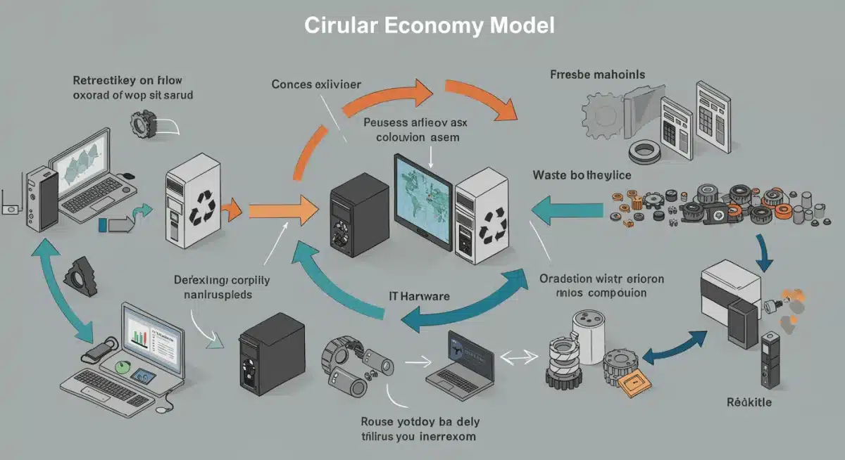 Diagrama da economia circular aplicada a hardware de TI, ilustrando a reciclagem e reutilização de componentes eletrônicos.