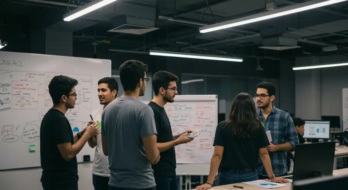 Empreendedores brasileiros colaborando em um ambiente de startup, discutindo ideias inovadoras e estratégias de negócios.
