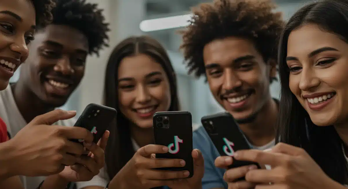 Jovens engajados com conteúdo autêntico e criativo no TikTok, simbolizando a criação de comunidade e interação.