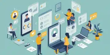 Pessoas engajadas com quizzes e pesquisas em dispositivos digitais, ilustrando o poder do conteúdo interativo no marketing moderno.