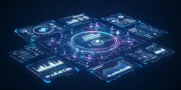 Dashboard digital futurista representando a otimização da entrega de software pela engenharia de plataformas com métricas e sistemas interconectados.