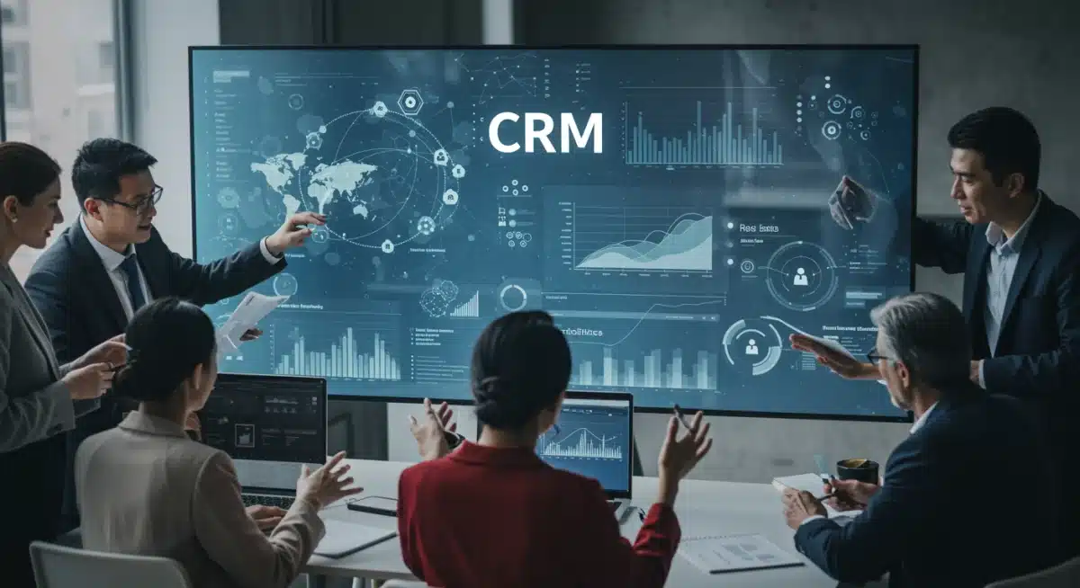 Equipe de negócios analisando painel de CRM com jornada do cliente