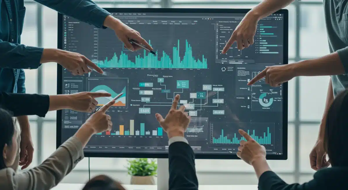 Equipe colaborando em torno de um painel de análise de dados, discutindo estratégias para otimização de campanhas digitais.