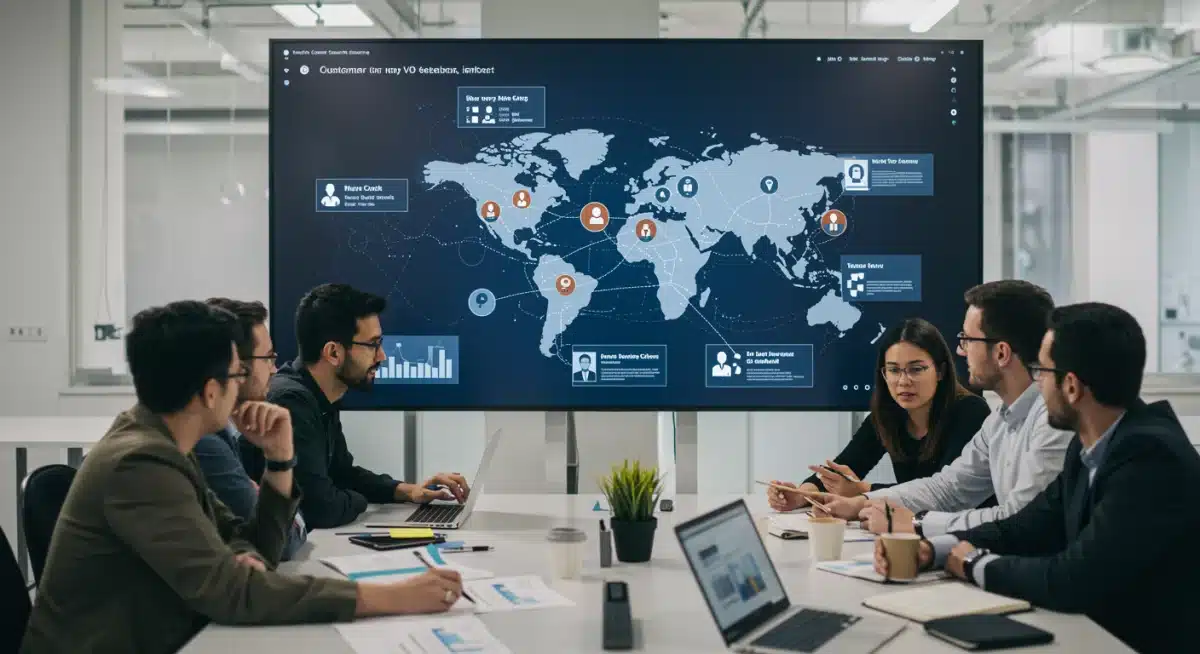 Equipe colaborando em um mapa da jornada do cliente, analisando pontos de feedback para melhorar a satisfação.