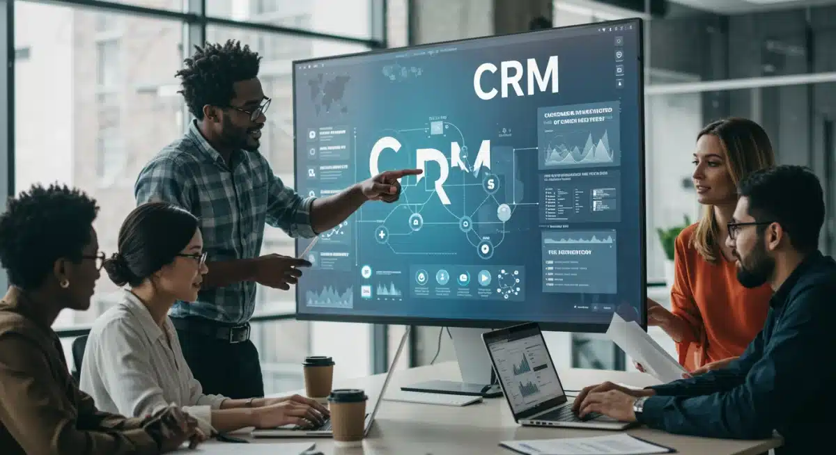 Equipe colaborando em torno de uma tela grande com software CRM, discutindo estratégias de cliente.