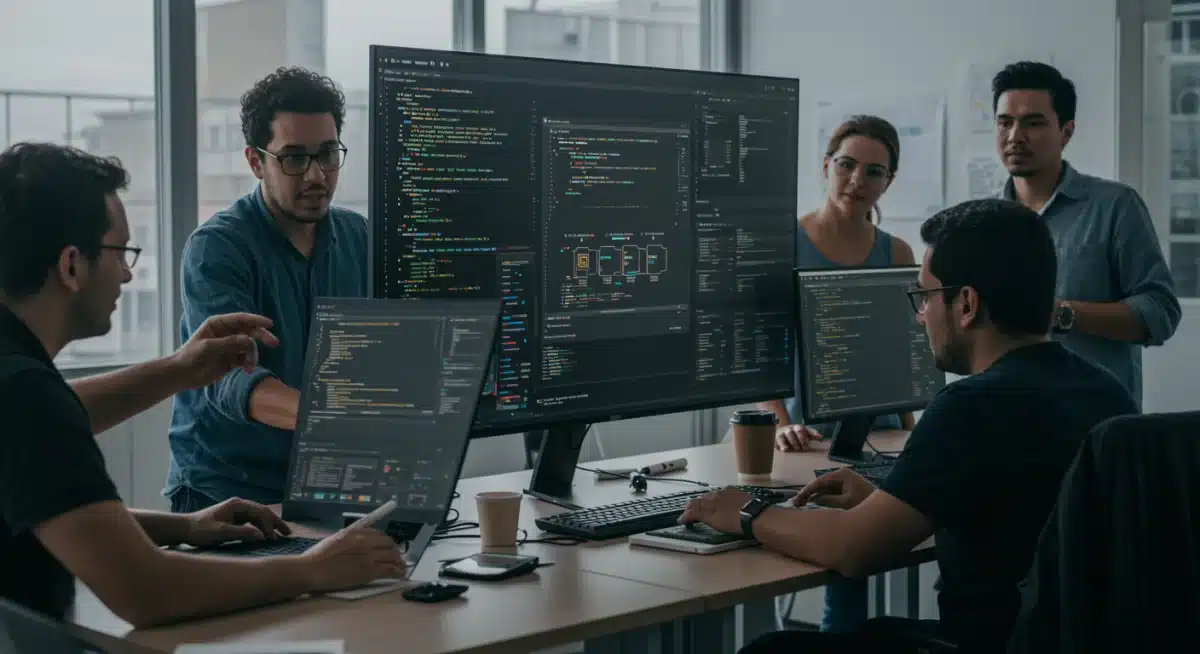 Equipe de desenvolvedores brasileiros colaborando com ferramentas de IA generativa